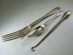Georgian hallmarked silver fork, Small silver dessert spoon and a pin hook.