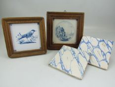 Two framed Delft antique tiles along with two others unframed