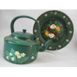 Enamelled hand painted plate and kettle