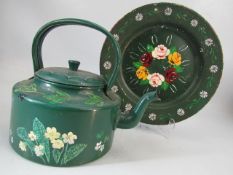 Enamelled hand painted plate and kettle