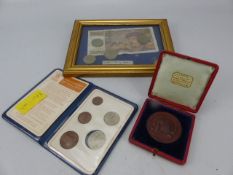 French framed 20 Franc note 1997, along with various coins. British dairy farmers association