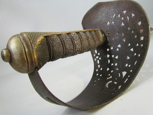 Antique officers sword with carved metal hilt and sharkskin handle. Leather scabbard A/F - Image 2 of 4