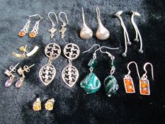 Selection of hallmarked silver earrings to include some set with amber