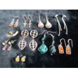 Selection of hallmarked silver earrings to include some set with amber