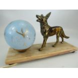 French Art Deco table lamp with brass figure of a dog on marble plinth