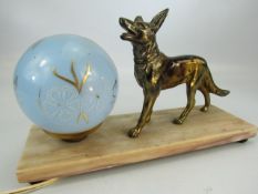 French Art Deco table lamp with brass figure of a dog on marble plinth