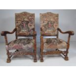Antique pair of Armchairs with carved open arms and upholstered to back and chair in De Morgan style