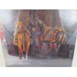 David Crane - A signed print depicting a Hunting scene depicting two tacked up horses in Newmarket