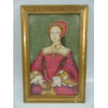 Unusual upholstered Crewel work framed picture depicting Elizabeth I as a Princess 1546.