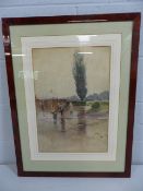 Unsigned watercolour of a Wintery scene depicting children