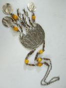 Chinese Metal filigree work dreamcatcher necklace, set with pendant fish and amber beads. Hammered