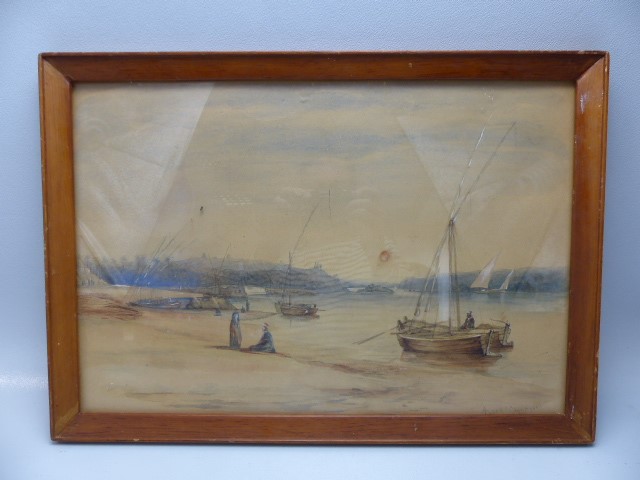 Frederick Goodall 1822 - 1904 (Attributed - not signed). Watercolour of a beach scene with fishing
