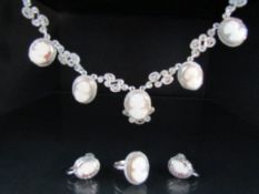 Shell Cameo jewellery set. Comprising of Ring, earring and necklace set