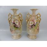 19th Century pair of Twin handled Blush Ivory vases marked 'Trent No.2' to baser. Handpainted with
