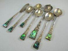 Silver - hallmarked teapsoons (NZ) all inlaid with Paua Shell to the tops.