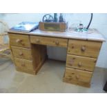 Large pine pedestal desk with drawers