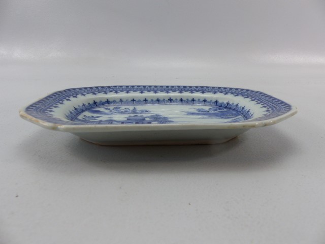 Oriental Blue and White miniature platter. Decorated with scenes of Pagoda's and men fishing. - Image 2 of 9