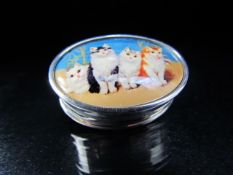 Silver and Enamel set pill box with pictorial images of cats