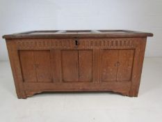 Late 18th century Elm coffer with carved frontispiece (Base A/F)