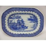 Oriental Blue and White miniature platter. Decorated with scenes of Pagoda's and men fishing.