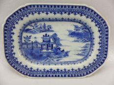 Oriental Blue and White miniature platter. Decorated with scenes of Pagoda's and men fishing.