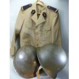 French Army jacket and Two vintage American war helmets