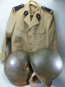 French Army jacket and Two vintage American war helmets