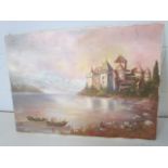 Oil on Canvas - Lake and castle scene. titled to back 'Chateau de Chillou, Lac Leman'