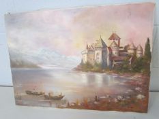 Oil on Canvas - Lake and castle scene. titled to back 'Chateau de Chillou, Lac Leman'