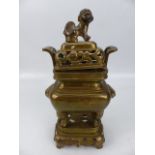 Antique Chinese Brass incense Burner on stand with Foo dog finial Approx 25cm tall