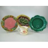 Selection of Majolica leaf plates and a Honiton pottery jug
