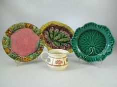 Selection of Majolica leaf plates and a Honiton pottery jug