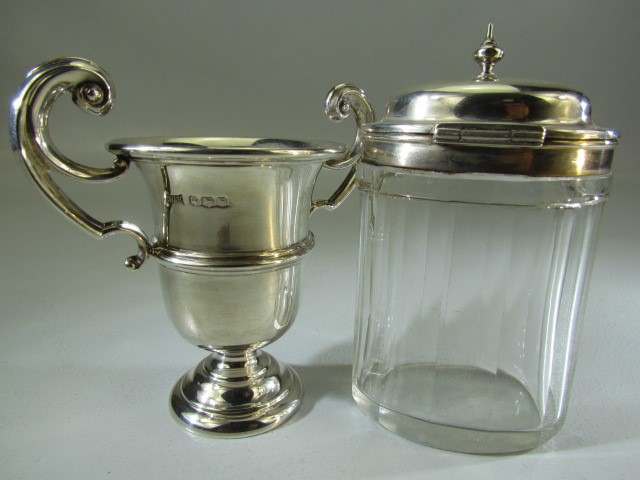 Hallmarked silver trophy with two handles - 53.9g along with a silver topped relish jar Henry - Image 3 of 5