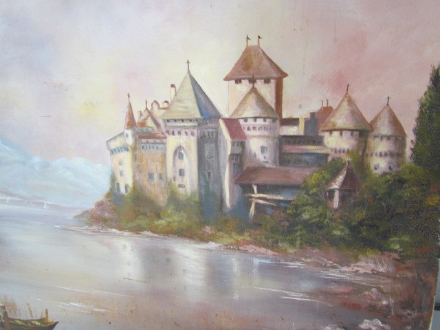 Oil on Canvas - Lake and castle scene. titled to back 'Chateau de Chillou, Lac Leman' - Image 2 of 3