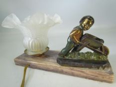 French table lamp on marble plinth with a small child pushing a wheelbarrow