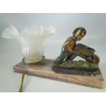 French table lamp on marble plinth with a small child pushing a wheelbarrow