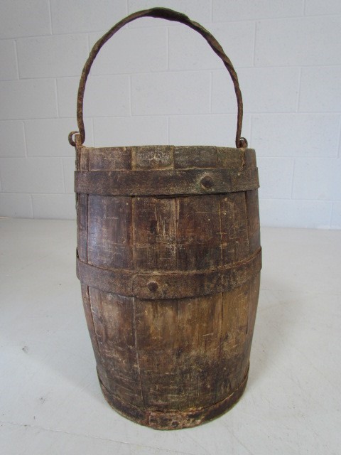 Metal and wooden antique hanging grain bucket