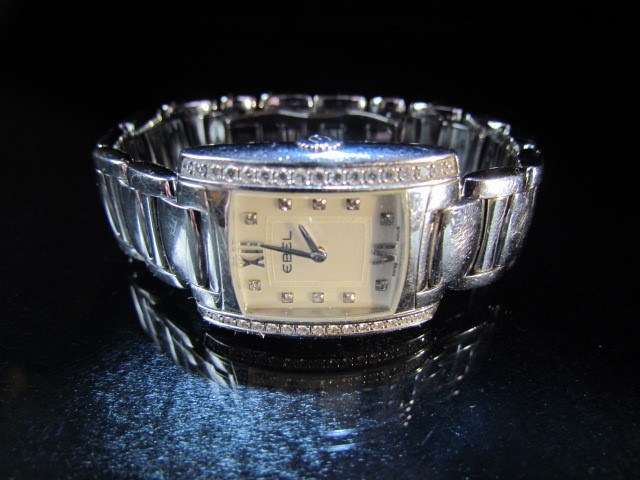 Ebel Brasilia watch on steel strap with Diamond Bezel motif. Pearl face and Diamond baton marks.