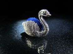 925 Hallmarked silver pin cushion in the form of a swan