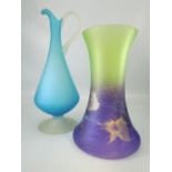 Large modern coloured glass ewer and a coloured glass vase