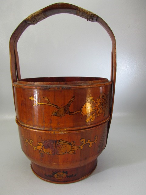 Chinese rice bucket with teo compartments and decorated with Gilt Birds and flora,