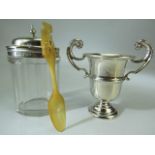 Hallmarked silver trophy with two handles - 53.9g along with a silver topped relish jar Henry