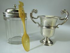 Hallmarked silver trophy with two handles - 53.9g along with a silver topped relish jar Henry