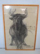 Unusual Charcoal drawing of a bull signature indistinct dated 1999