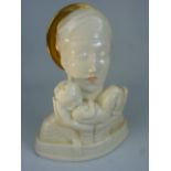 Art Deco White potter figure of Madonna and Child with Gold Halo. Approx height. 21cm