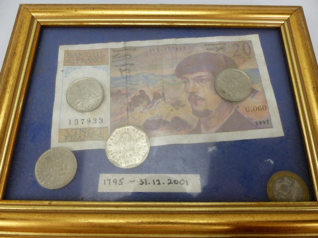 French framed 20 Franc note 1997, along with various coins. British dairy farmers association - Image 2 of 5
