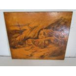 Herbert Dicksee - leather embossed picture of lions on board in a mountainous scene
