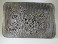 Pewter Art Deco floral tray decorated with chrysanthemums