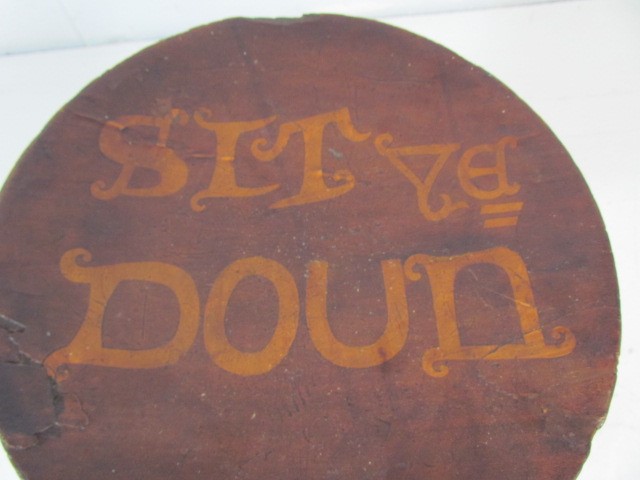 Antique turned wooden stool with writing to seat 'Sit ye Down' - Image 2 of 3