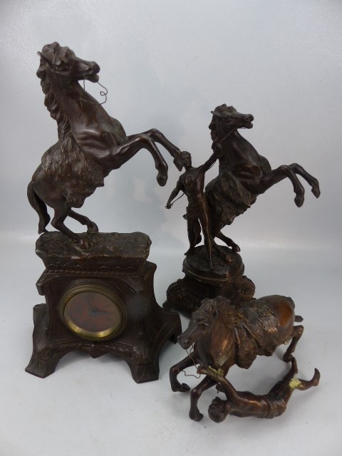 Bronzed French mantle clock with Marly style matching rearing horse garniture